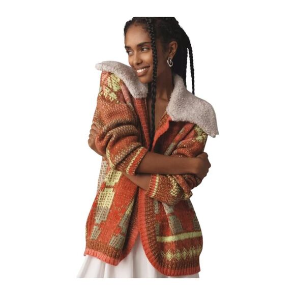 Anthropologie Cardigan Sweater Faux Fur Collar Honey SZ XL NWT - Picture 2 of 4